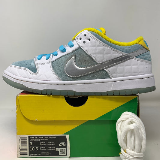 Nike SB Dunk Low FTC Lagoon Pulse sneakers with some wear, size 9, 2021 release, shown with original box.