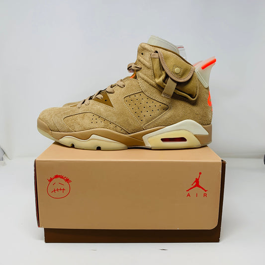 Jordan 6 Travis Scott Khaki sneakers with extra red and brown laces, 2021 release.