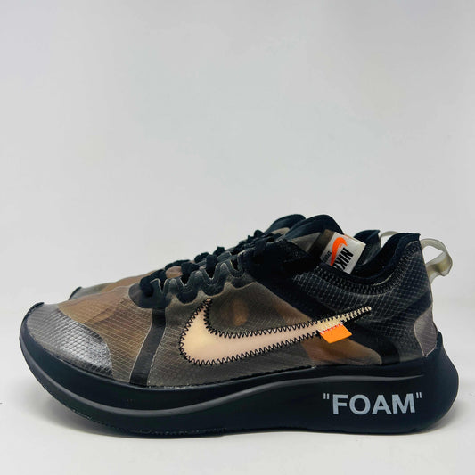 Nike Zoom Fly Off-White Black Silver sneakers, size 9.5, 2018 model, condition 8.25/10, no box or accessories.