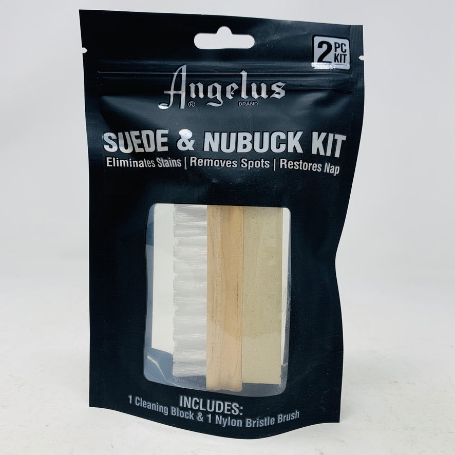 Angelus Nubuck & Suede Kit with eraser and brush for cleaning and restoring suede and nubuck.