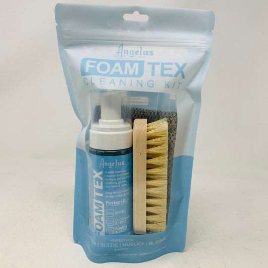 Angelus Foam-Tex Cleaning Kit with foaming cleaner, hog hair brush, and microfiber towel.