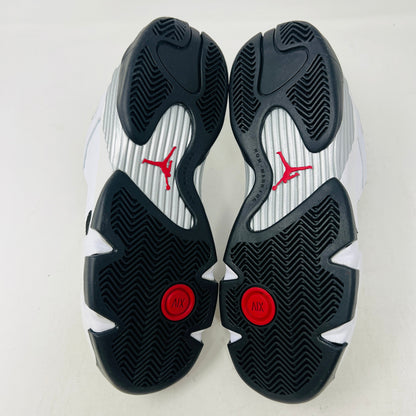 Jordan 14 Retro Black Toe 2024 GS sneakers, brand new, black and white design, viewed from bottom.