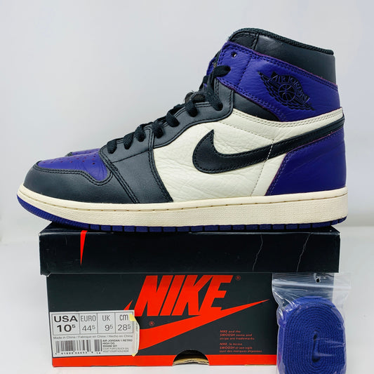 Jordan 1 Retro High Court Purple sneakers size 10.5 with extra laces, good box condition.