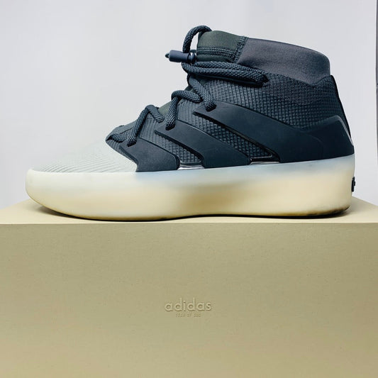 adidas Fear of God Athletics I Basketball Carbon Sesame sneakers with clean uppers and general wear on outsoles, 2023 edition.