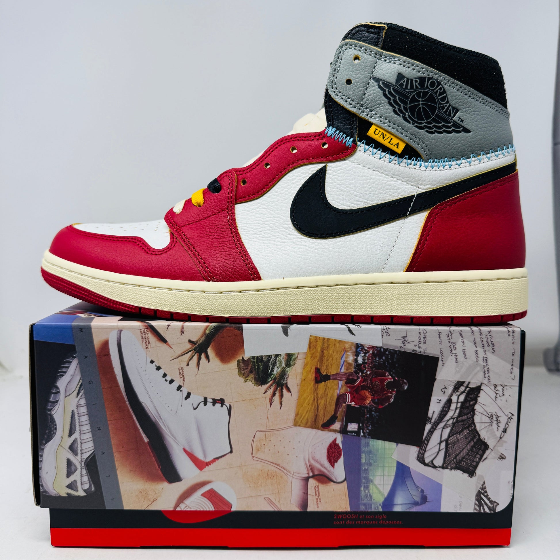 Jordan 1 Retro High OG SP Union LA Chicago Shadow sneaker, brand new condition, with extra laces, 2025 release.