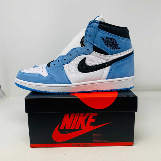 Jordan 1 University Blue sneakers on Nike box, brand new condition, extra blue laces included.