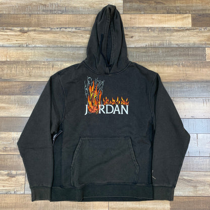 Travis Scott MJ Fleece Hoodie Black, brand new, front view with flame design.