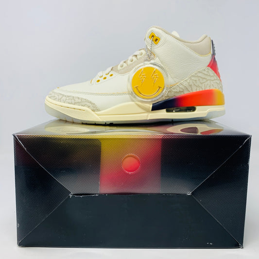 Jordan 3 Retro SP J Balvin Medellín Sunset sneaker with hangtag on box, 2023 release.