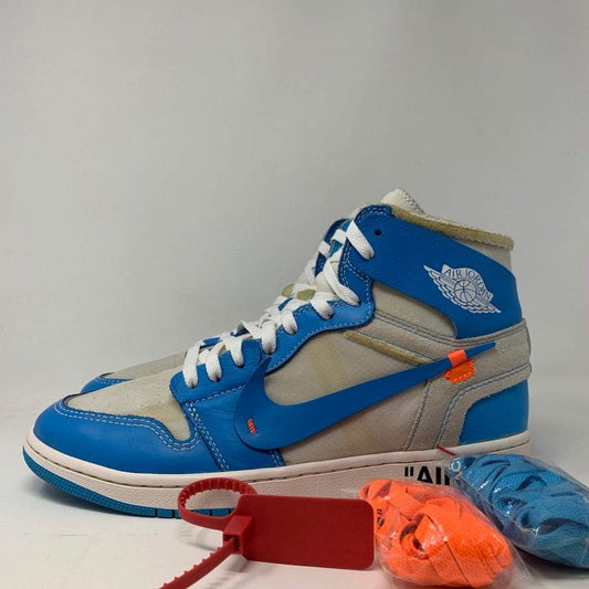 Jordan 1 Retro High Off-White University Blue sneakers with unique Off-White branding and vibrant blue accents.