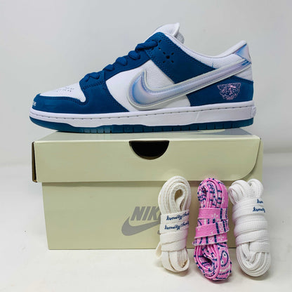 Nike SB Dunk Low Born X Raised sneakers with box, extra white and pink laces, 2023 model.