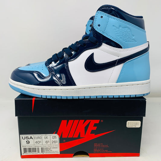 Jordan 1 Retro High UNC Patent Women's shoes in blue and white, size 9W/7.5M, with original box.