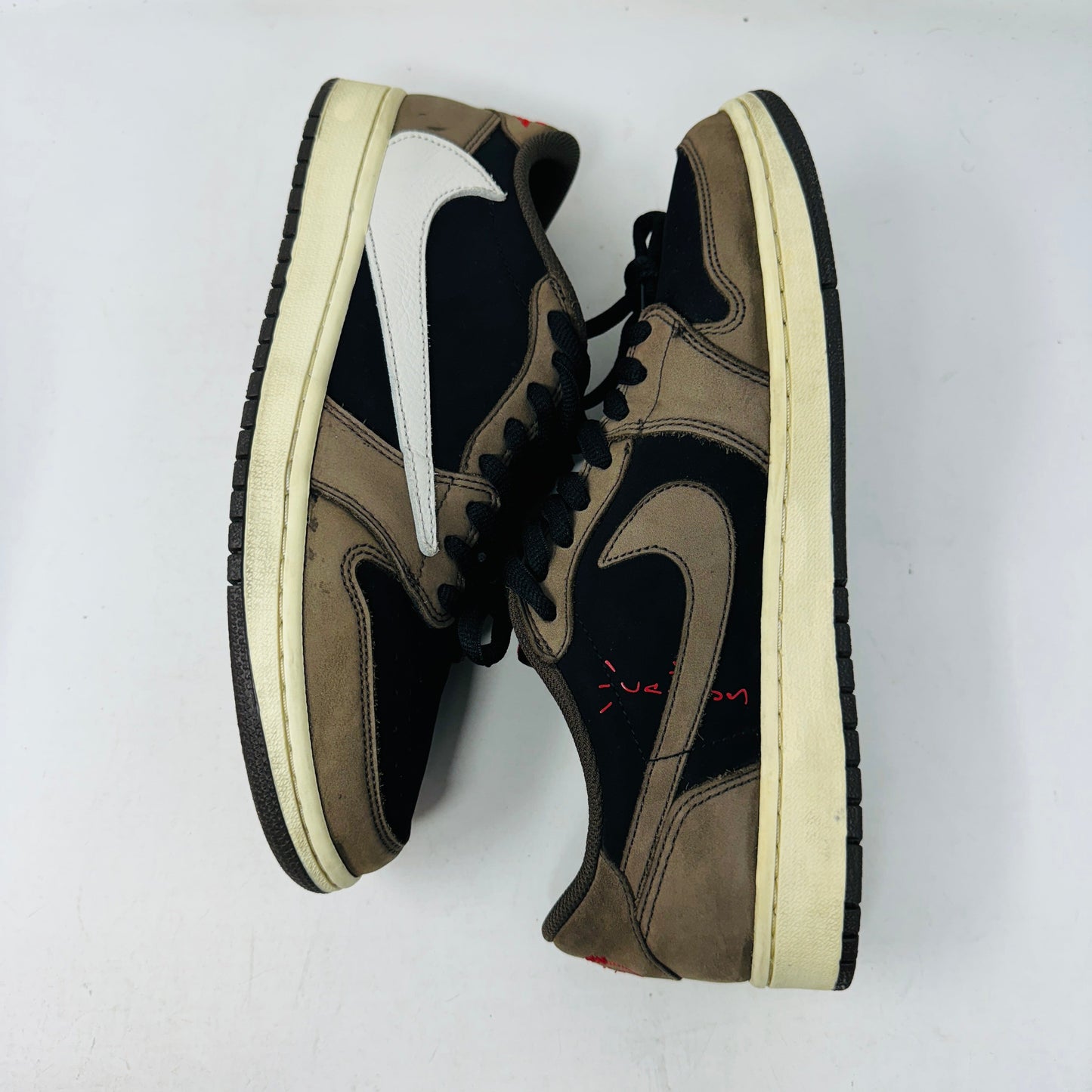 Jordan 1 Retro Low OG SP Travis Scott Mocha shoes, size 10.5M, faded suede, some wear, with box and original accessories.