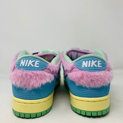 The Nike SB Dunk Low Verdy Visty sneakers are vibrant new additions for 2024, featuring blue, pink, and green accents, a fluffy collar texture, a bright yellow sole, and the iconic white Nike logo on the back.