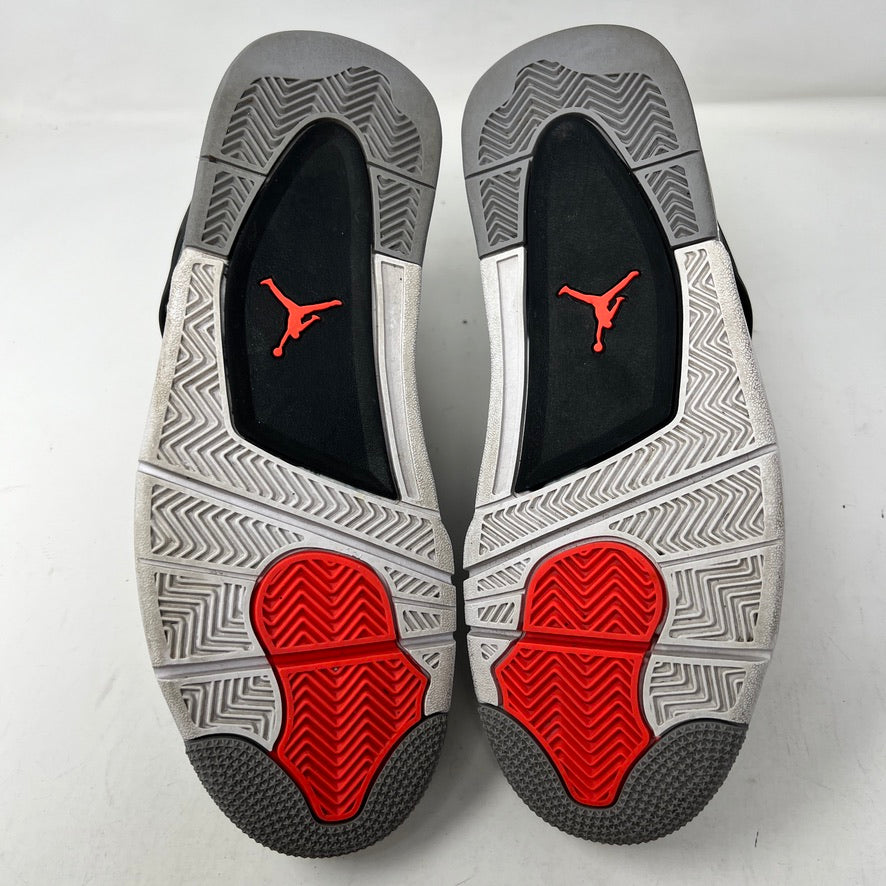 A pair of genuine Jordan 4 Retro Infrared sneakers in gray, black, and infrared is displayed on a speckled shoebox. Released in 2022, they feature a unique side mesh and infrared lace locks. The box labels them as size 9; note there are no returns.