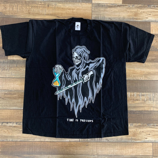 Warren Lotas Time Is Precious Reaper Tee, black with grim reaper graphic and "Time Is Precious" text.