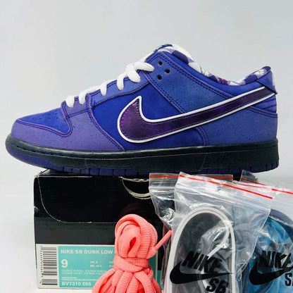 Nike SB Dunk Low Concepts Purple Lobster sneakers, size 9, 2018, with accessories.