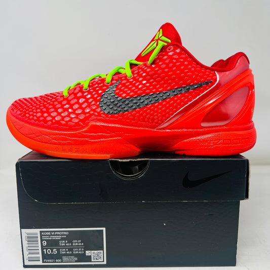 Nike Kobe 6 Protro Reverse Grinch sneakers, red colorway, black swoosh, displayed on shoe box.