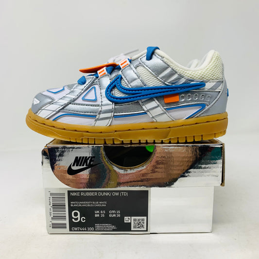 Nike Air Rubber Dunk Off-White University Blue toddler shoes, brand new, displayed on box.