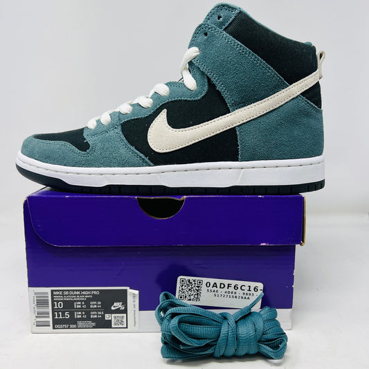 Nike SB Dunk High Pro Mineral Slate Suede sneakers with extra laces, purple box, and clean condition.