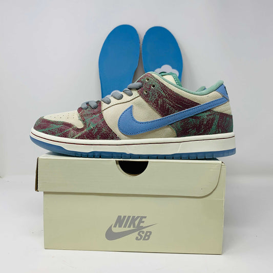 Nike SB Dunk Low Crenshaw Skate Club sneaker on box with blue and red design.