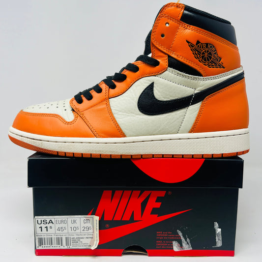 Jordan 1 Retro Reverse Shattered Backboard sneakers on Nike box, condition 8.25/10, 2016 release.