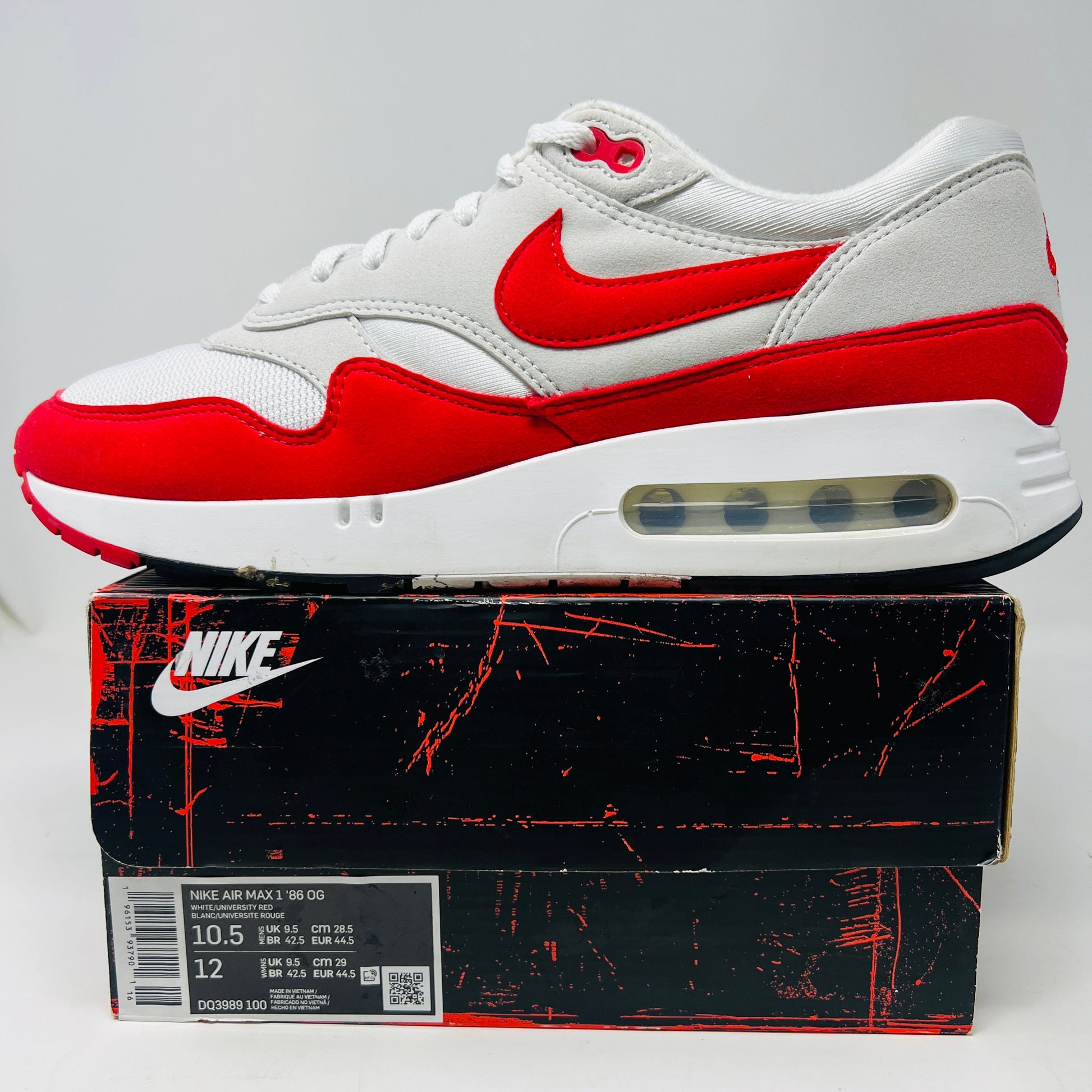 Nike Air Max 1 '86 OG Big Bubble Sport Red sneakers on box, size 10.5M, 2023 model.