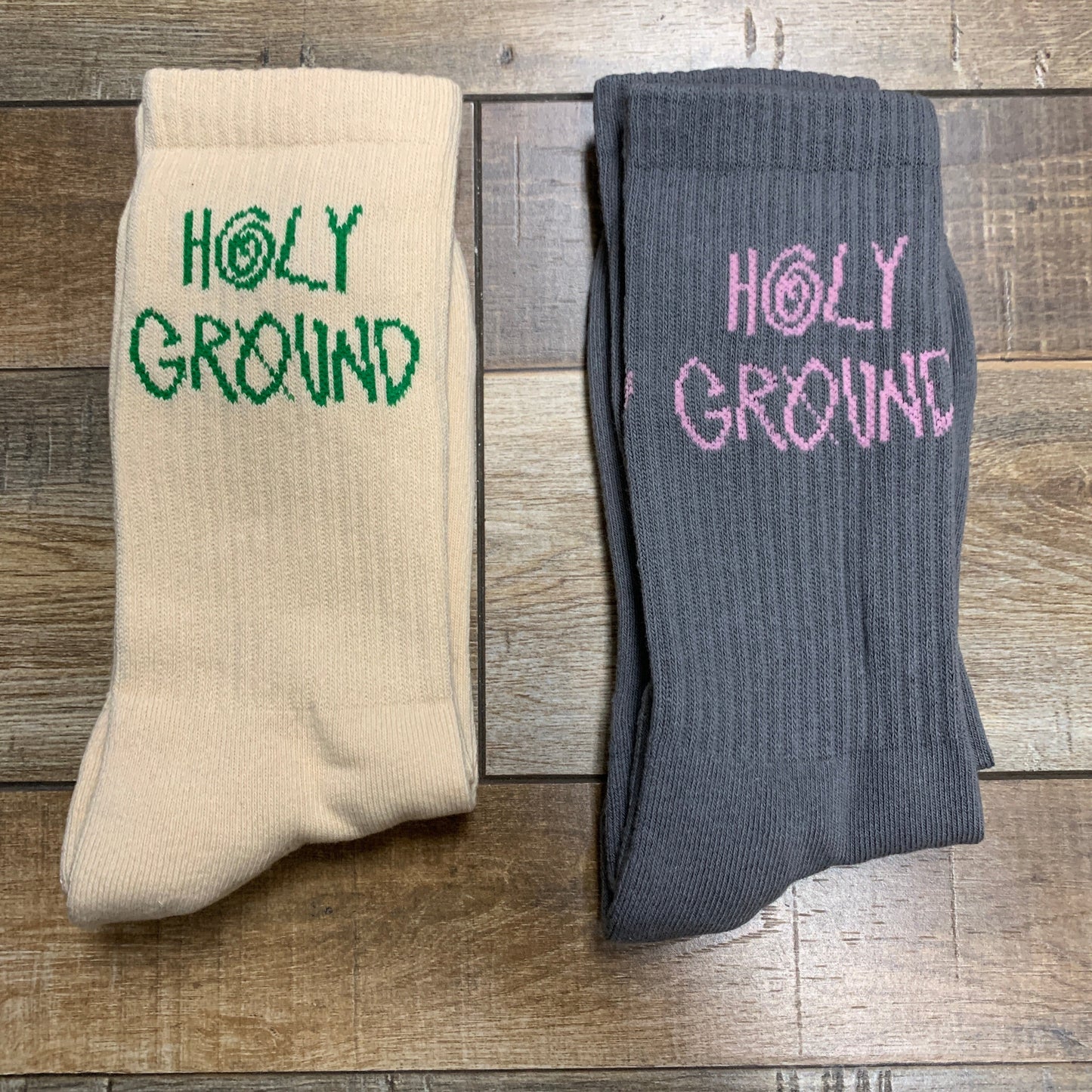 Holy Ground Socks in beige and gray with spiritual-themed design.