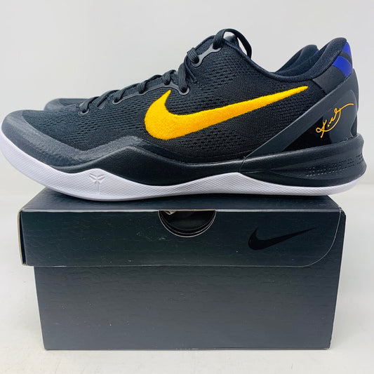 Nike Kobe 8 Protro Lakers Away sneaker in black with yellow detailing displayed on box.