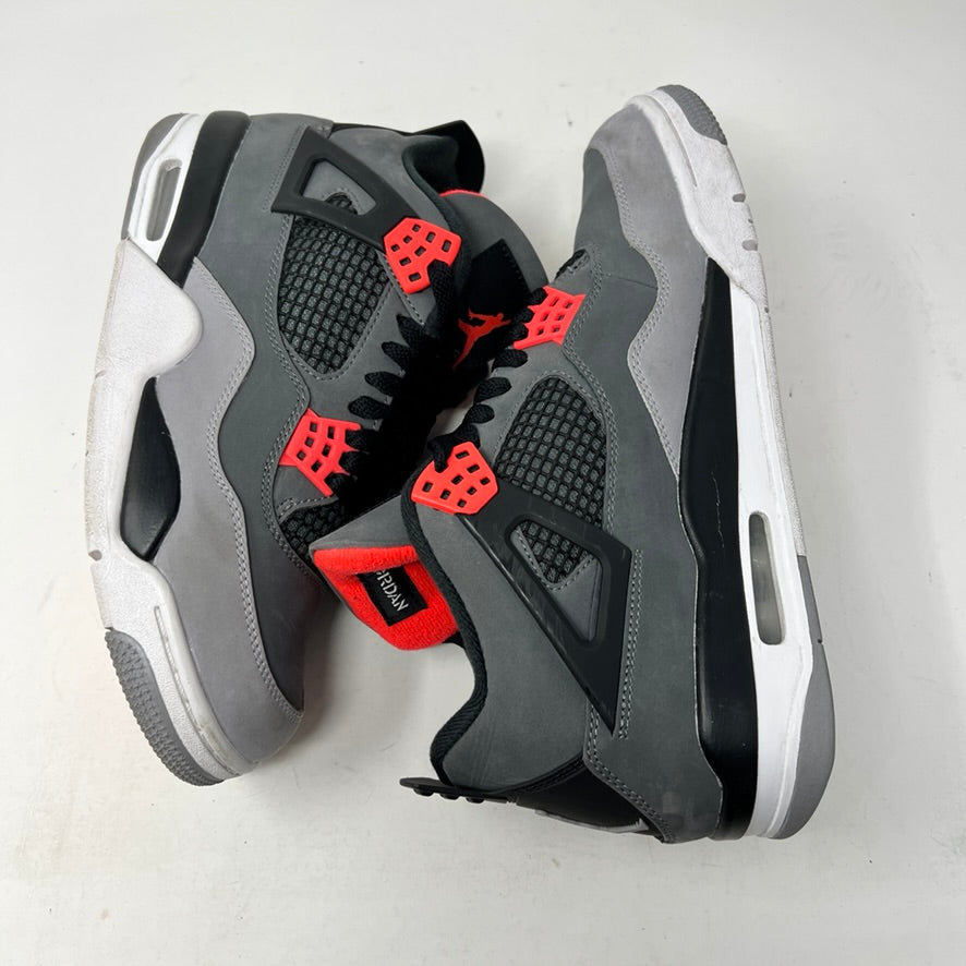 A pair of genuine Jordan 4 Retro Infrared sneakers in gray, black, and infrared is displayed on a speckled shoebox. Released in 2022, they feature a unique side mesh and infrared lace locks. The box labels them as size 9; note there are no returns.