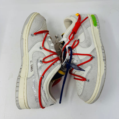 Nike Dunk Low Off-White Lot 13 sneakers featuring sleek design, red laces, and iconic branding.