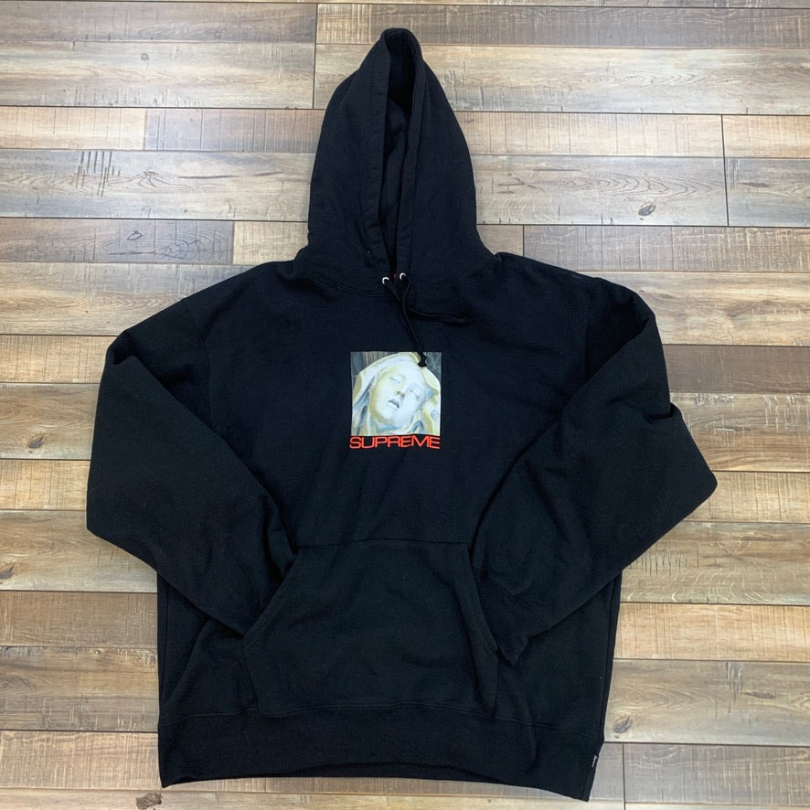 Supreme Ecstasy Hooded Sweatshirt Black, brand new, authentic, displayed on wooden floor.