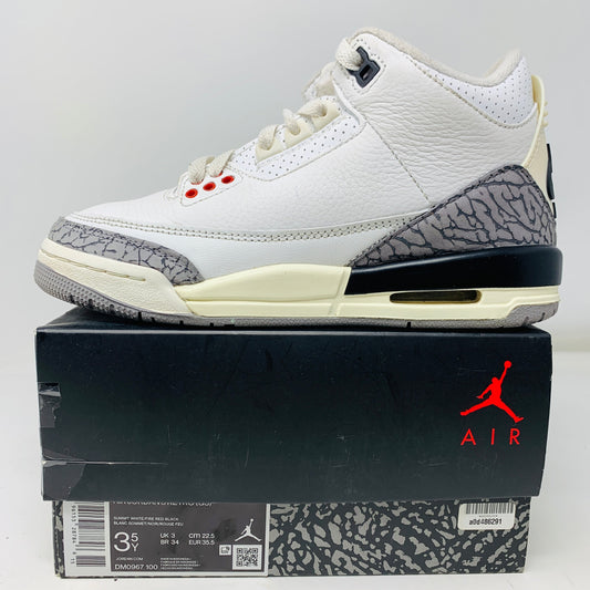 Jordan 3 Retro White Cement Reimagined (GS) sneaker with box, size 3.5Y, 2023 edition.